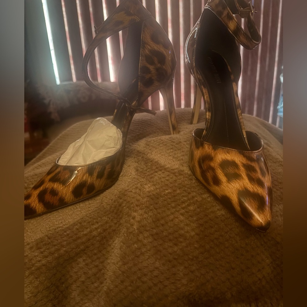 Leopard Print Pointed-Toe Stiletto Heels with Ankle Strap - Brown/Cream